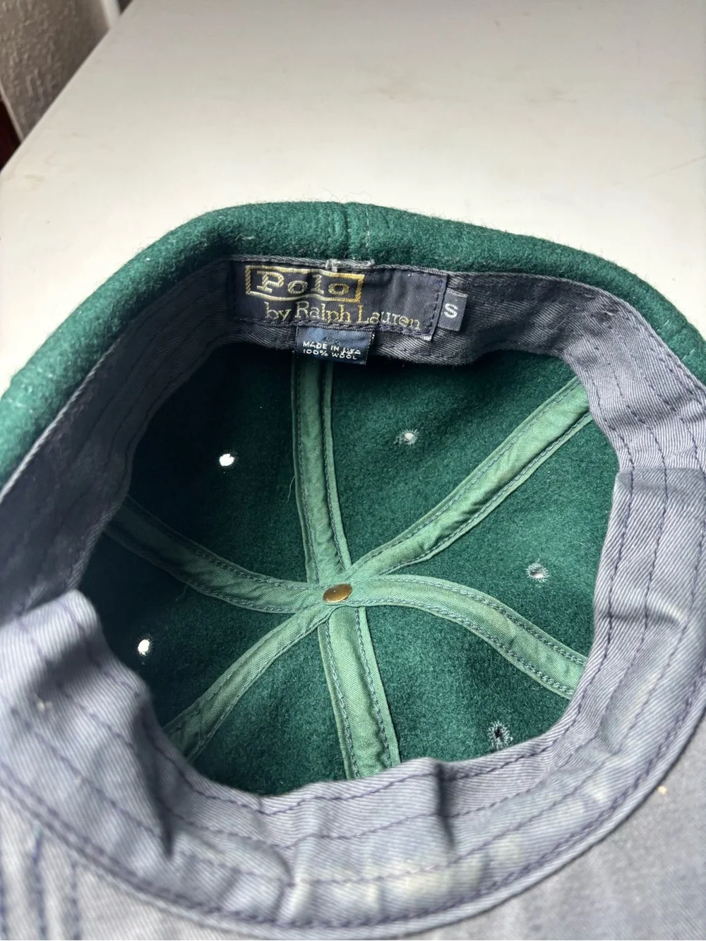 Vintage Polo Ralph Lauren 1993 Sit-down Bear long bill hat Green 100% Wool Sz S